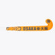 Orange field hockey stick with Osaka lettering and geometric pattern along shaft