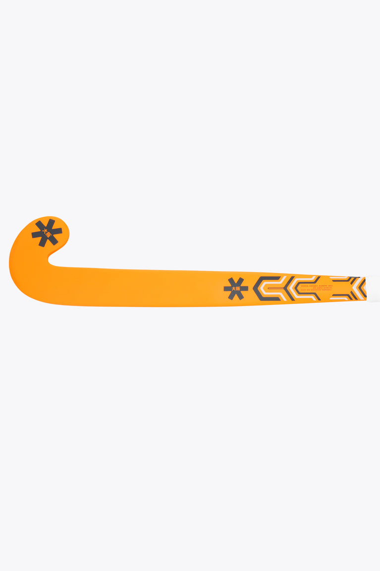 Orange field hockey stick blade side with geometric trim and star symbols