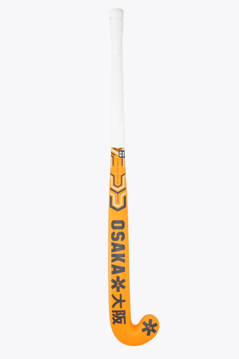 Orange field hockey stick with white grip and Osaka mid-bow graphics on shaft