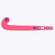Hot pink field hockey stick blade from the side with geometric accents