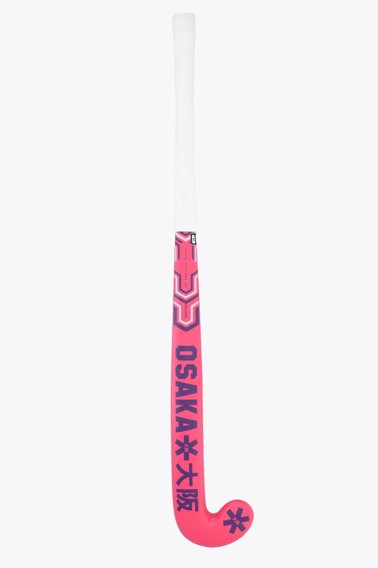 Hot pink mid-bow field hockey stick with OSAKA branding near the blade