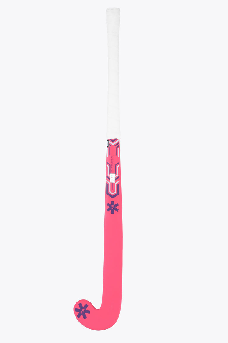 Hot pink mid-bow field hockey stick with white grip end