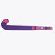 Royal purple hockey stick blade profile with red geometric strip near the head.