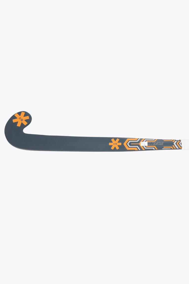 Field hockey stick blade and shaft, dark gray with orange graphic accents