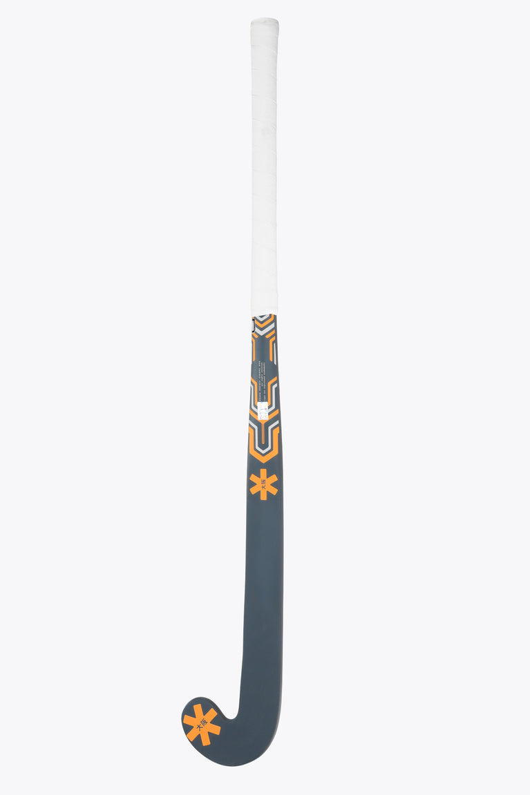 Field hockey stick blade end, dark gray with small orange accent near toe