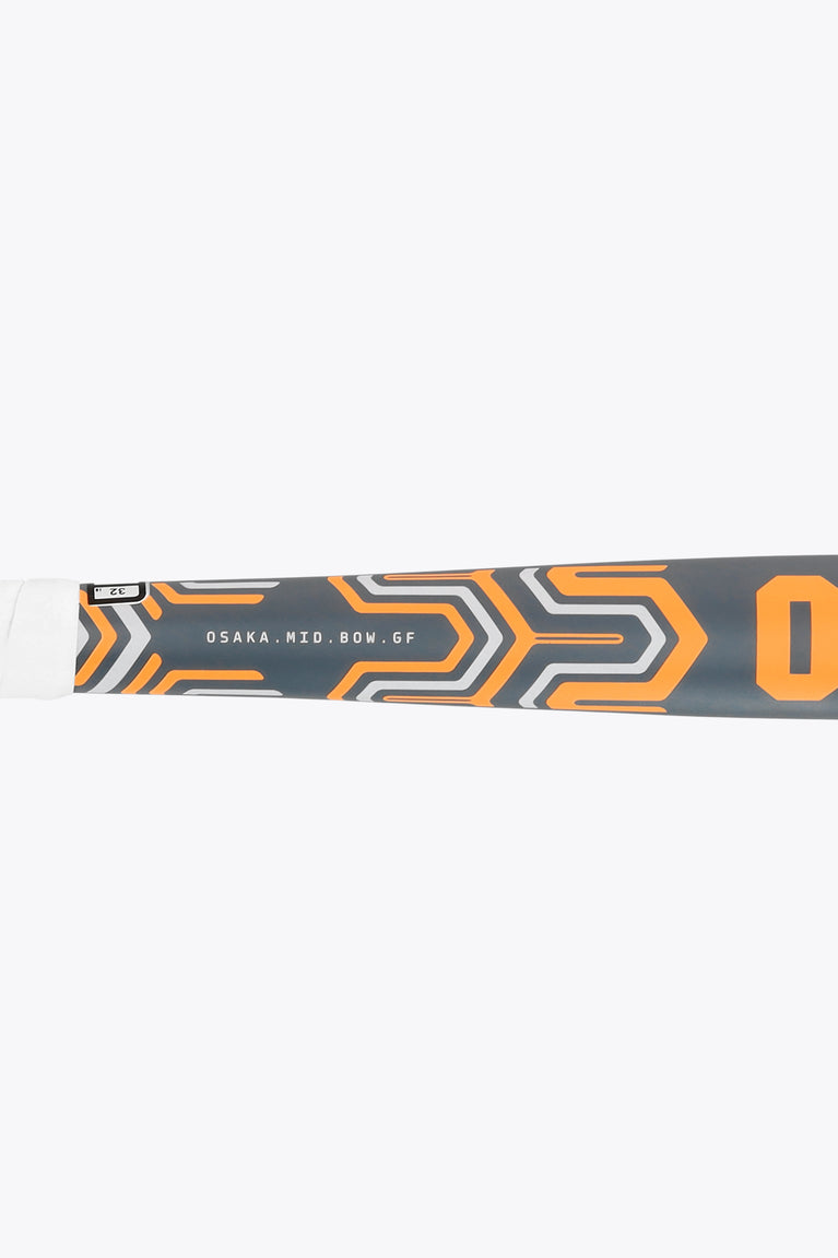 Field hockey stick shaft, dark gray with orange 'OSAKA MID BOW GF' text