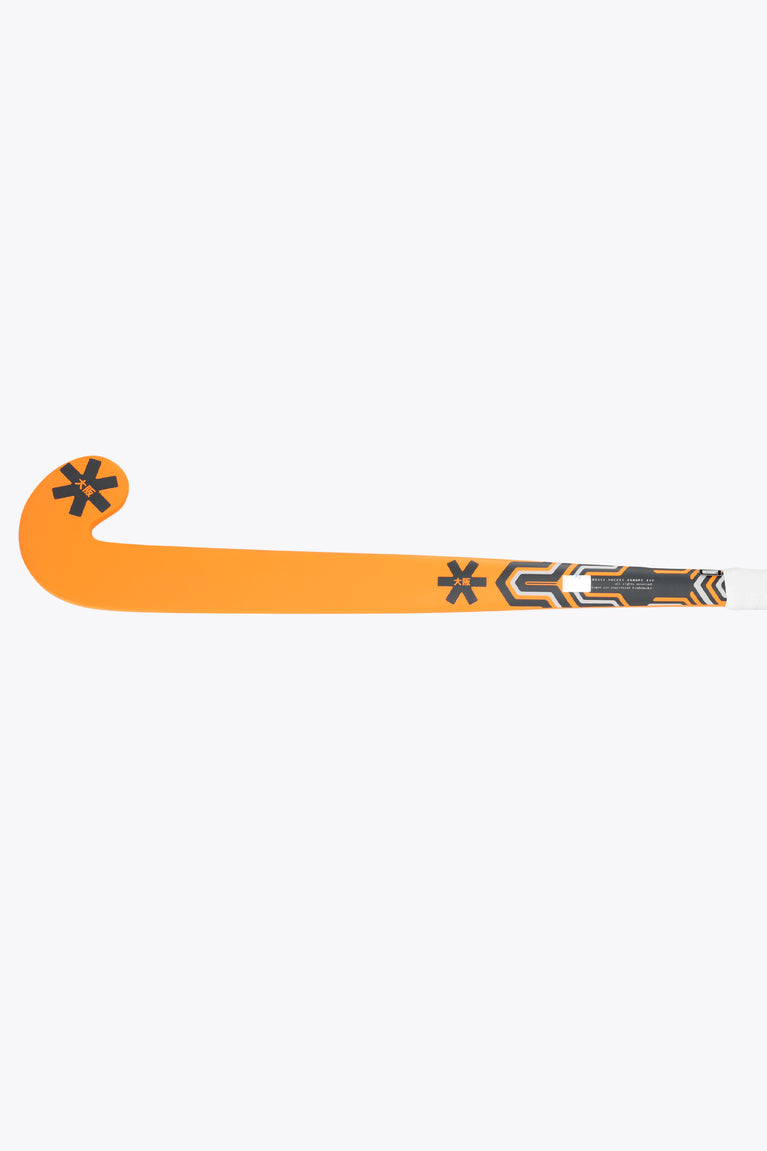 Orange field hockey stick with dark end cap and stripe pattern along the shaft