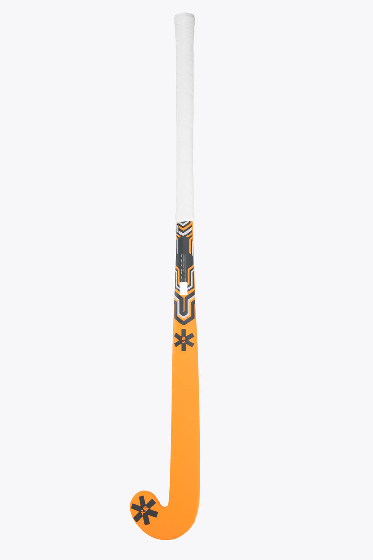 Orange field hockey stick head and mid-shaft graphics on white grip section