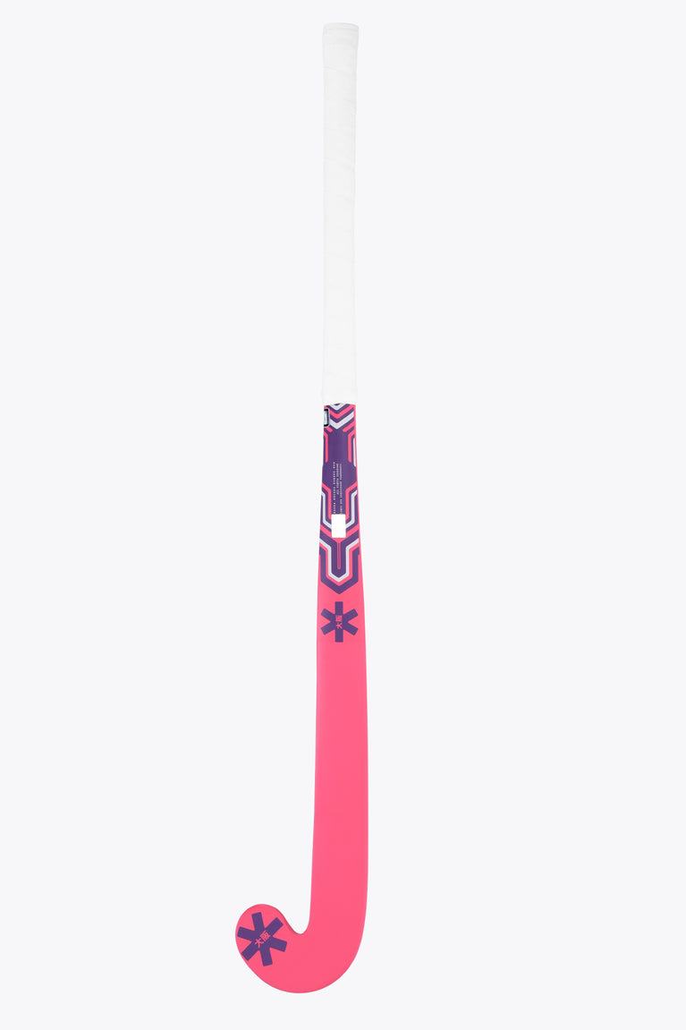 Hot pink Osaka field hockey stick with dark vertical logo on shaft