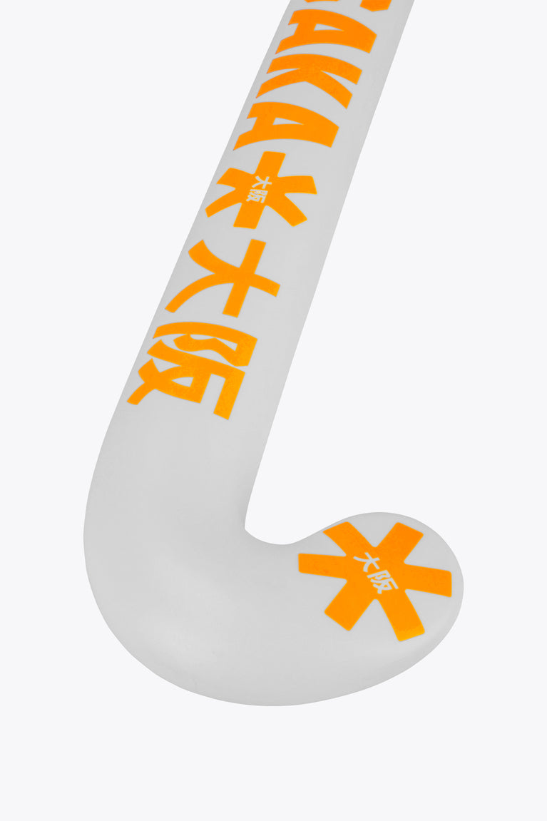 Osaka mid-bow field hockey stick shaft close-up with orange tiger pattern