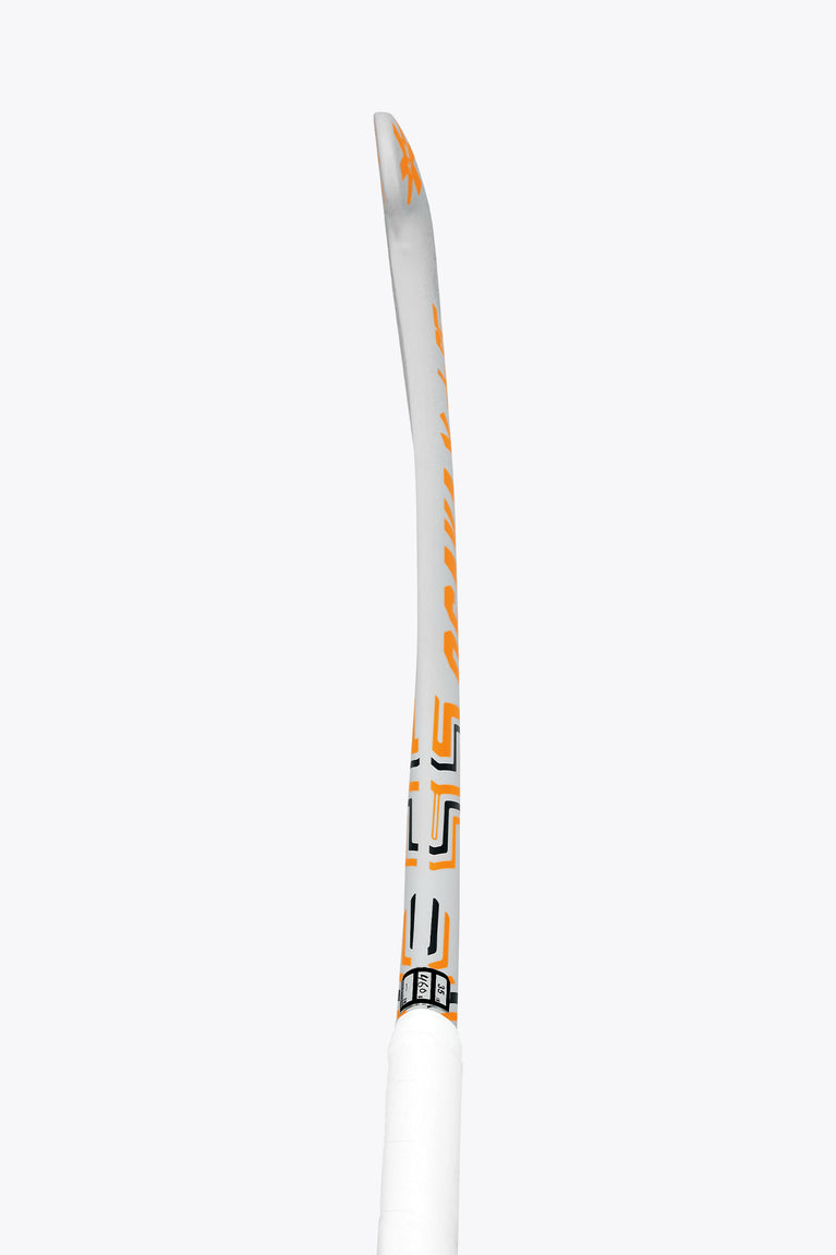 Osaka mid-bow field hockey stick, narrow edge view with orange graphic stripe