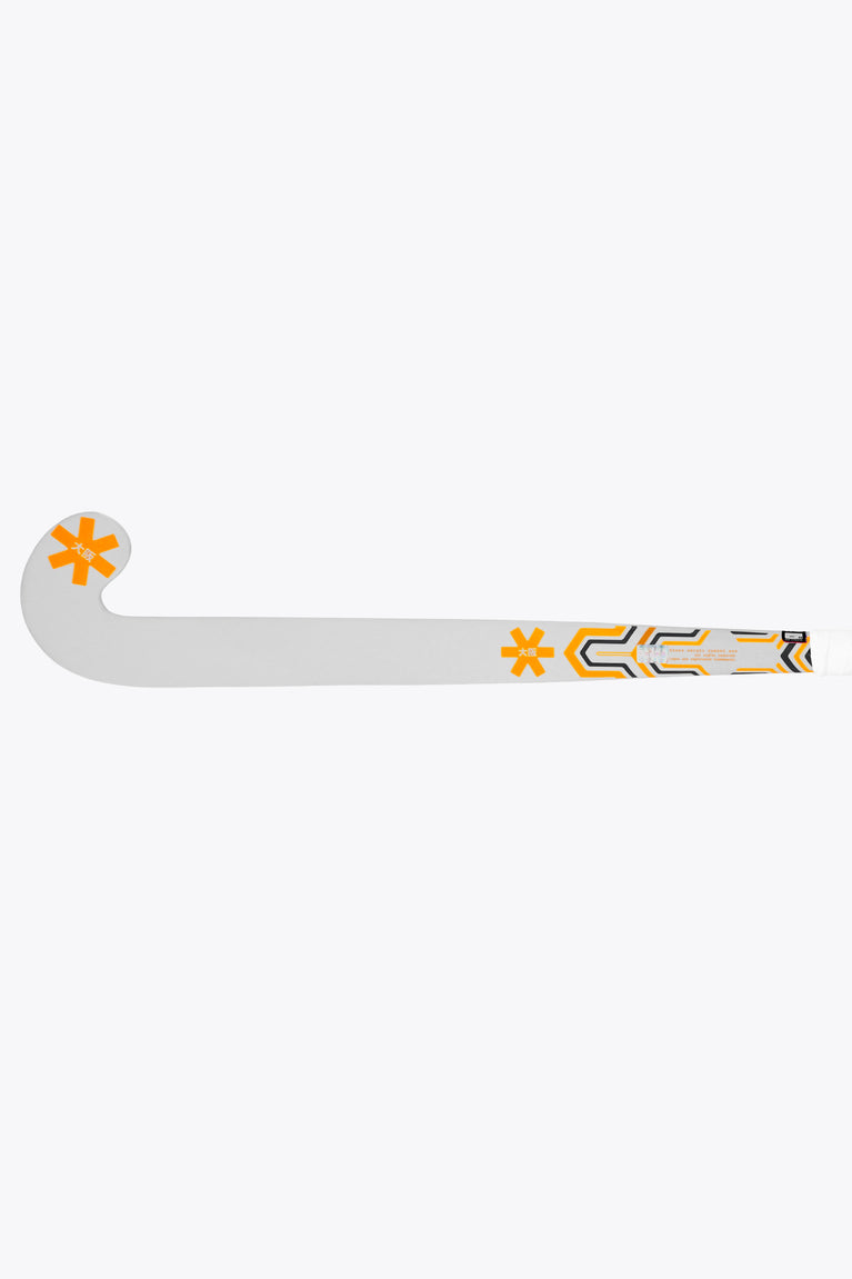 Orange Osaka mid-bow field hockey stick, side view with star emblems