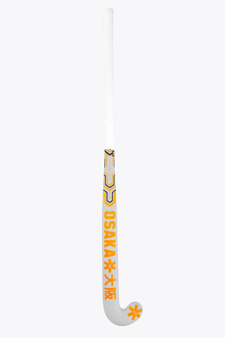 Osaka mid-bow field hockey stick, handle-to-head view with orange star marks