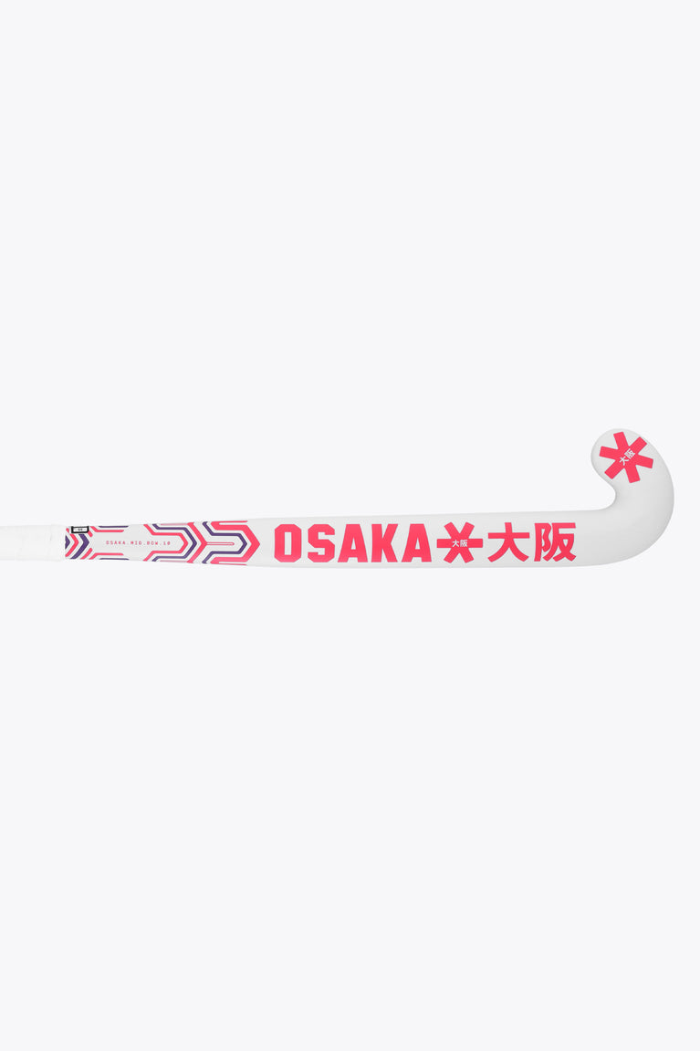 White field hockey stick shaft with hot pink Osaka text and arrow pattern graphics