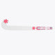 White field hockey stick with hot pink and blue stripe graphics near the handle