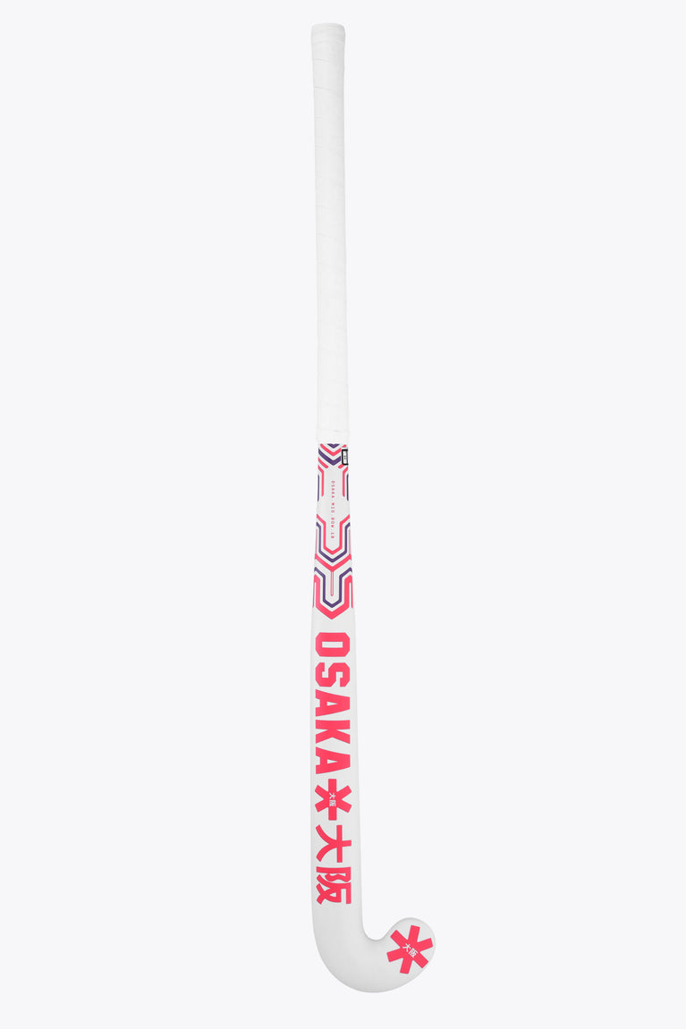 White field hockey stick with hot pink Osaka text and star logo near the curved head