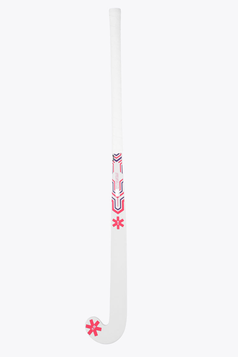 White field hockey stick with hot pink and blue graphics on the shaft and curved head