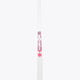 White field hockey stick with hot pink and blue graphics on the shaft and curved head