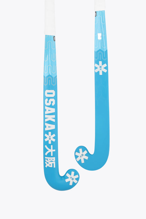 Blue topaz mid-bow field hockey stick with OSaka branding and white grip area
