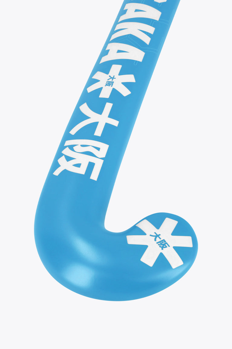 Blue topaz mid-bow field hockey stick head with Osaka text and star graphics