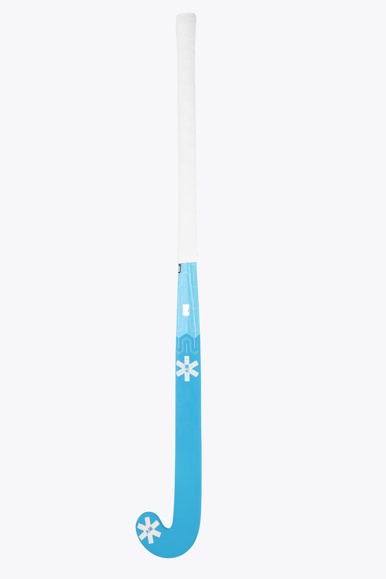 Blue topaz mid-bow field hockey stick blade shape with star graphics at the end