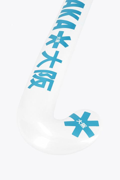 Osaka field hockey stick with white shaft and blue topaz graphics near the head