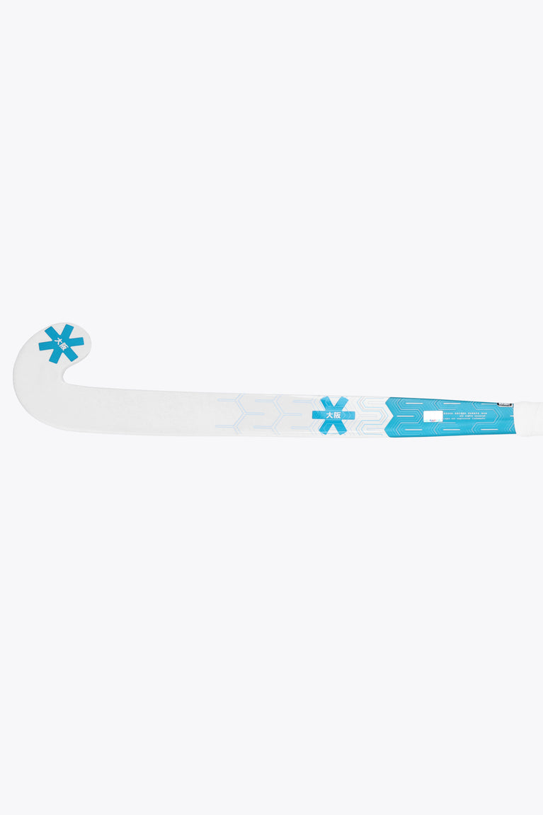 Osaka field hockey stick, white stick with blue accents along the curved head