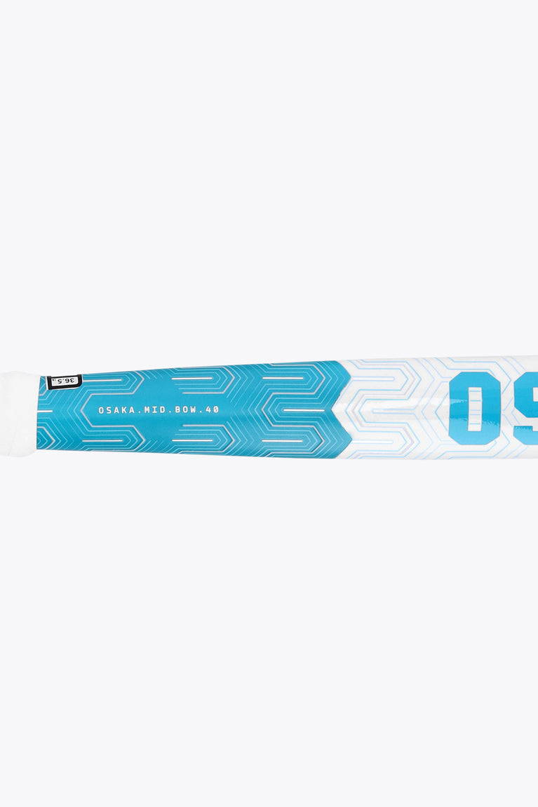 Osaka field hockey stick shaft detail, blue geometric pattern with white numbering