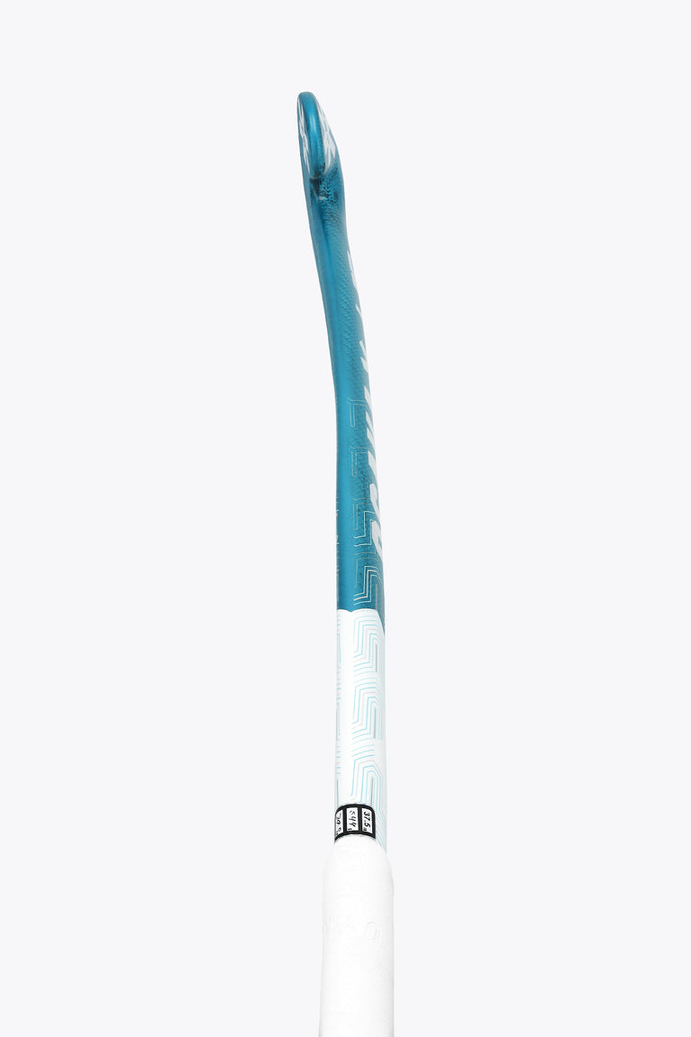 White hockey stick shaft with light teal top and small printed logo detail