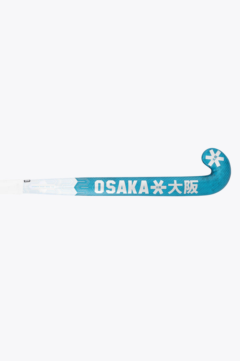 Teal and white hockey stick shaft with OSaka text and snowflake emblem at end