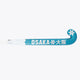 Teal and white hockey stick shaft with OSaka text and snowflake emblem at end