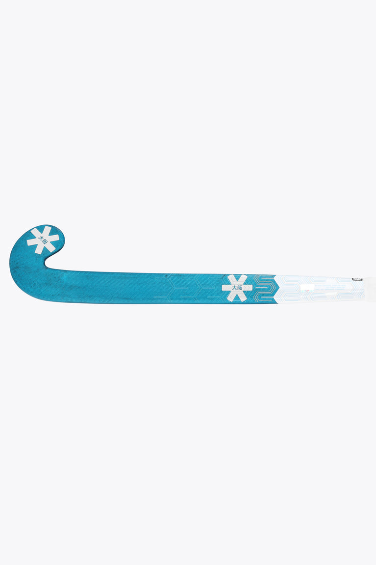 Teal and white mid-bow field hockey stick with snowflake emblems on the blade
