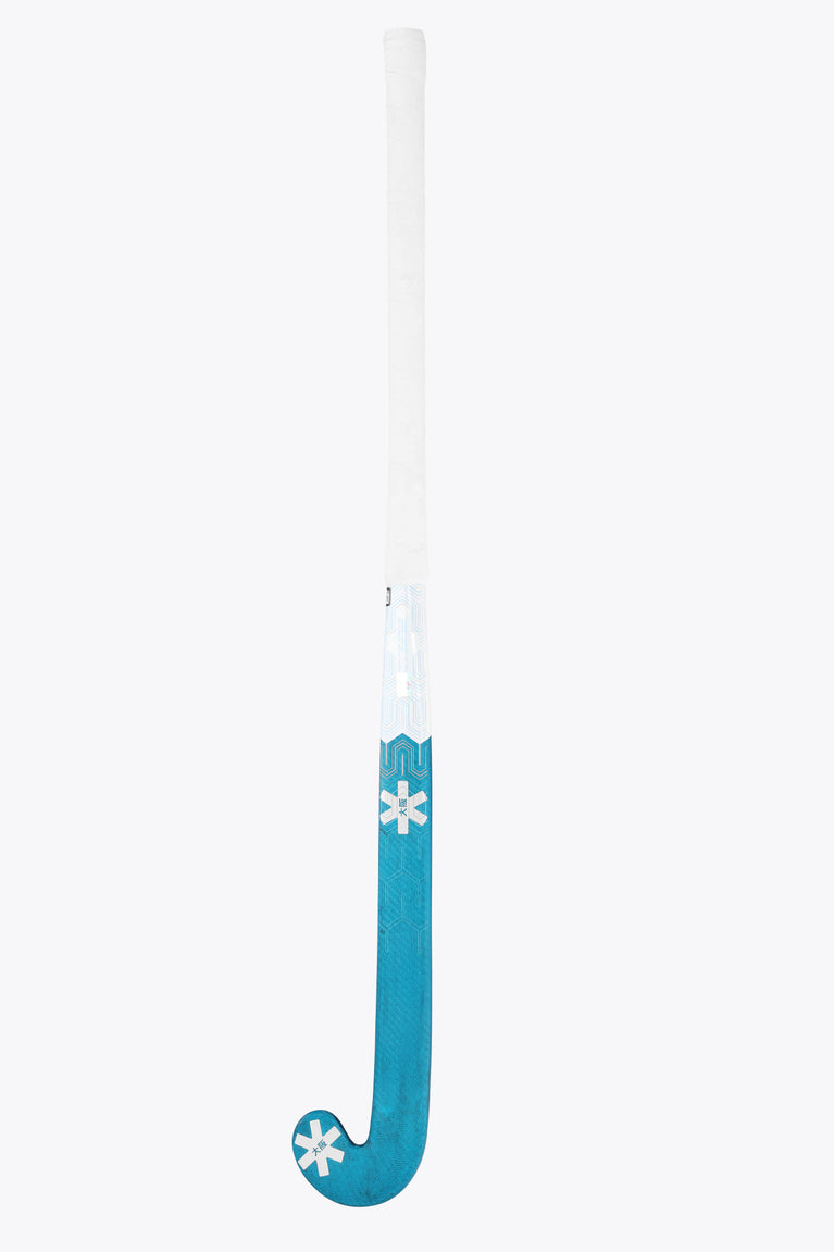 Vertical field hockey stick with teal blue curved head and white shaft, snowflake accents