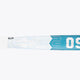 Teal-and-white hockey stick shaft close-up with OSaka lettering and geometric pattern