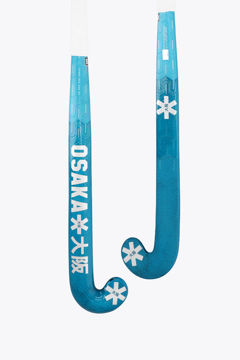 Blue field hockey stick with mid-bow curve and white snowflake-style logos