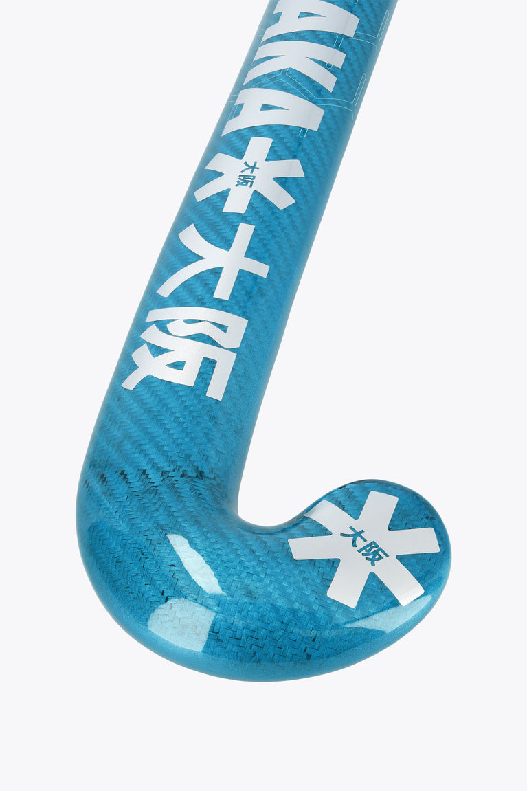 Blue curved head of field hockey stick with white snowflake-style decals