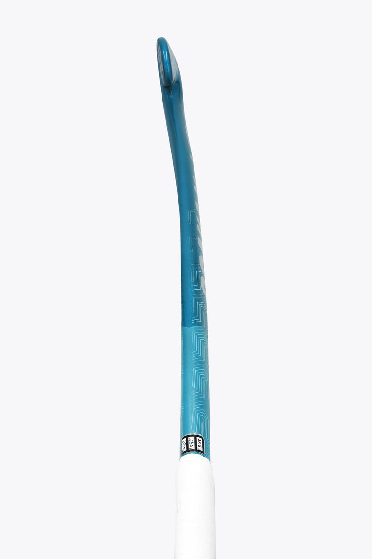Blue field hockey stick shaft with white grip band and printed logos