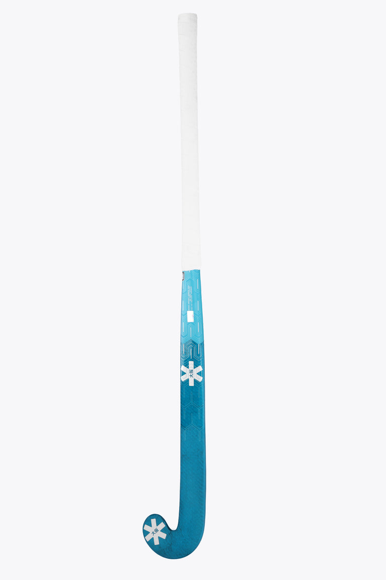 Blue field hockey stick with white handle and curved head