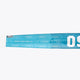 Close-up of blue field hockey stick blade with printed text and geometric pattern