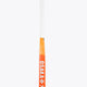 Orange field hockey stick with white shaft cap and red patterned grip area