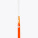 Orange field hockey stick lower curve with toe end and white patterned decal
