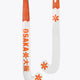 Orange and white field hockey stick head with curved hook and star graphics