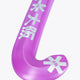 Close-up of purple field hockey stick blade with printed Rose Bud graphics