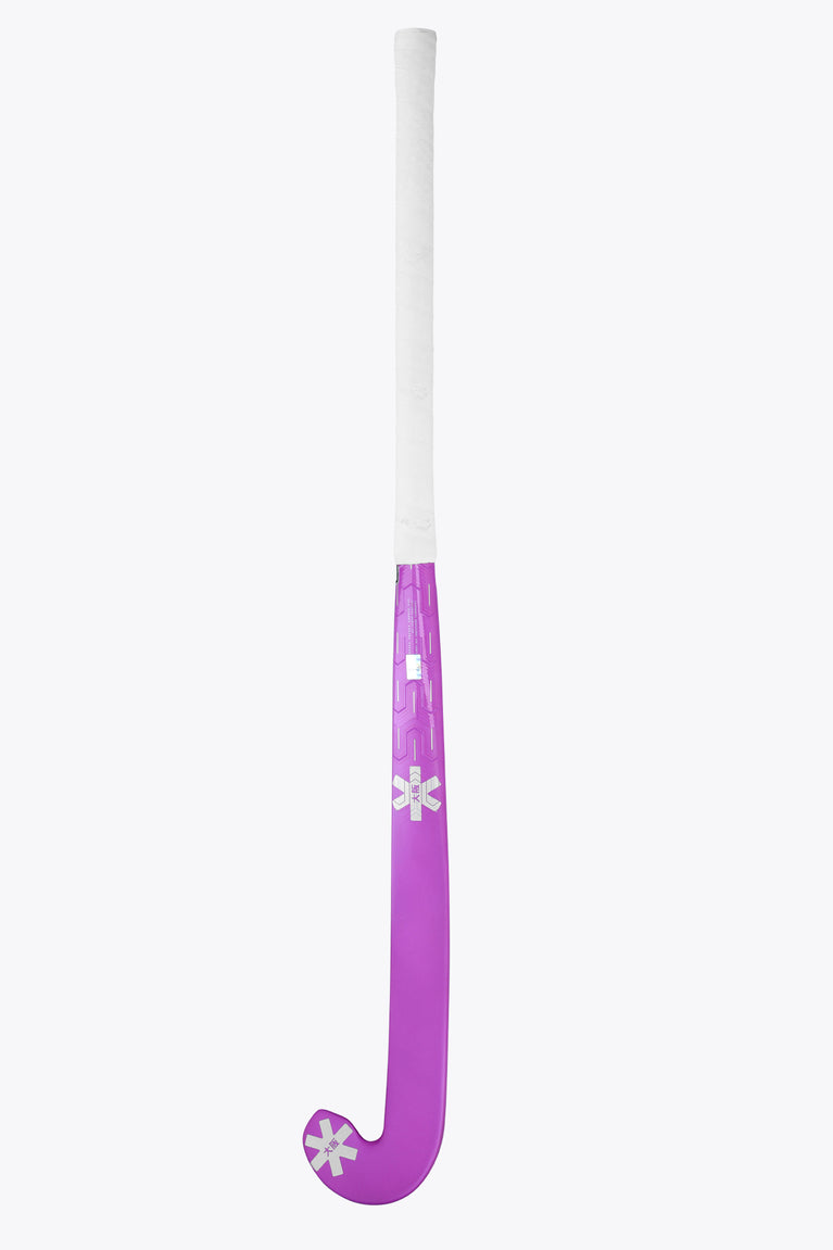 Purple field hockey stick with straight shaft and curved head tip