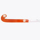 Orange-and-white field hockey stick with curved U-head and long shaft side view