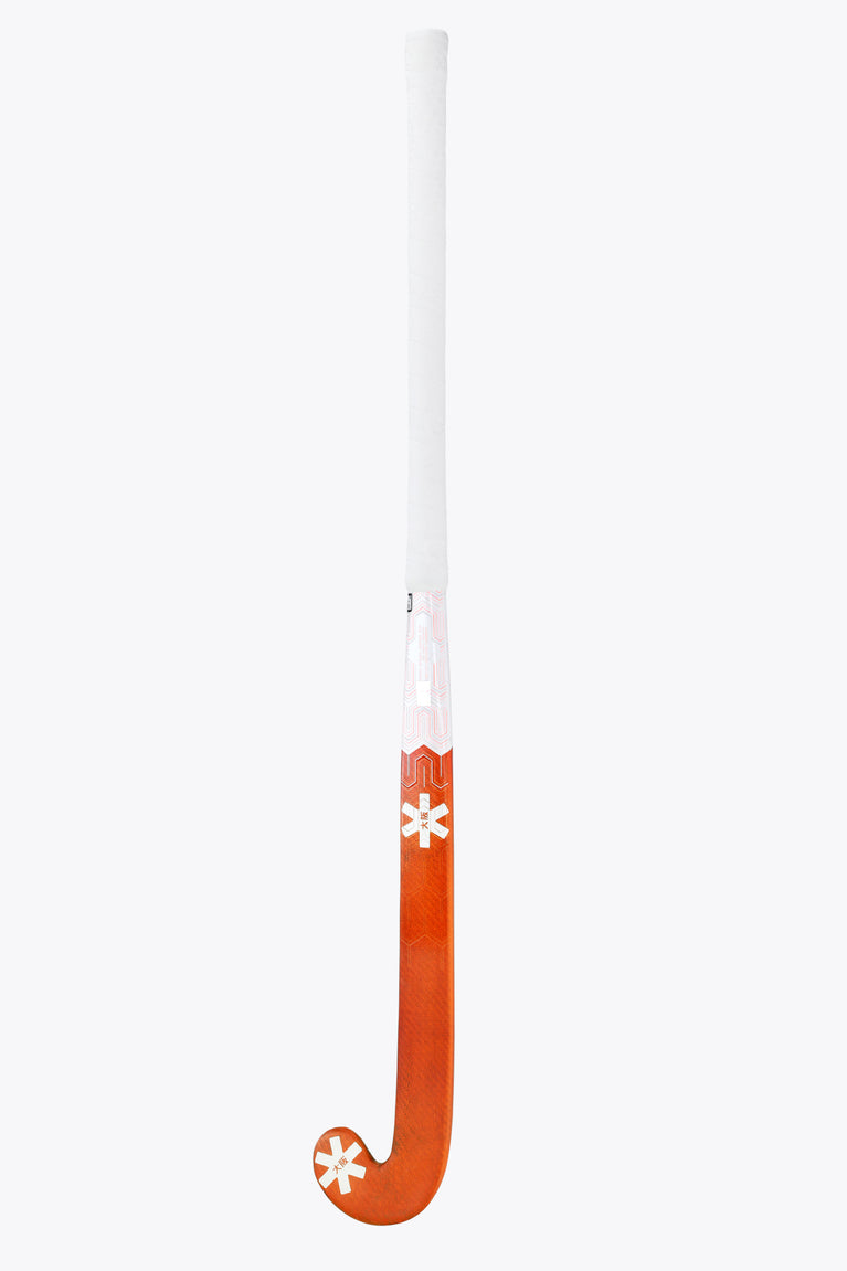 Field hockey stick with bright orange curved head and mostly white shaft
