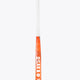 Bright orange curved field hockey stick end with vertical text and white shaft