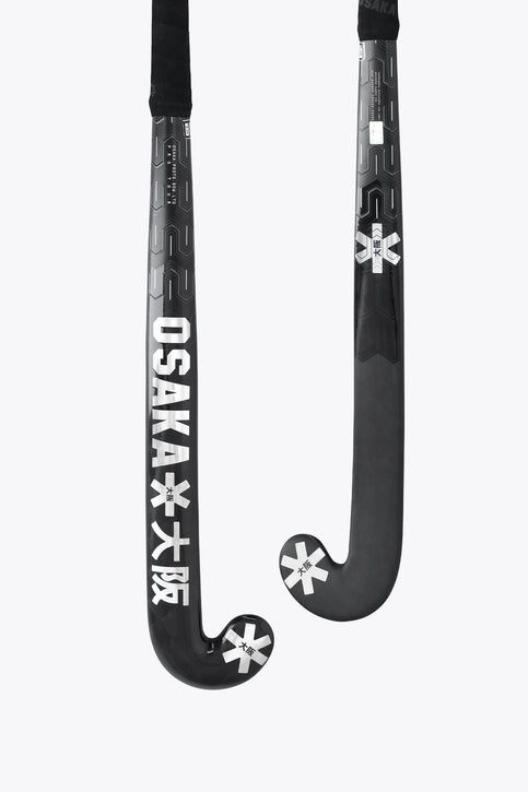 Field hockey stick head view, black blade with star marks and Osaka logo on shaft