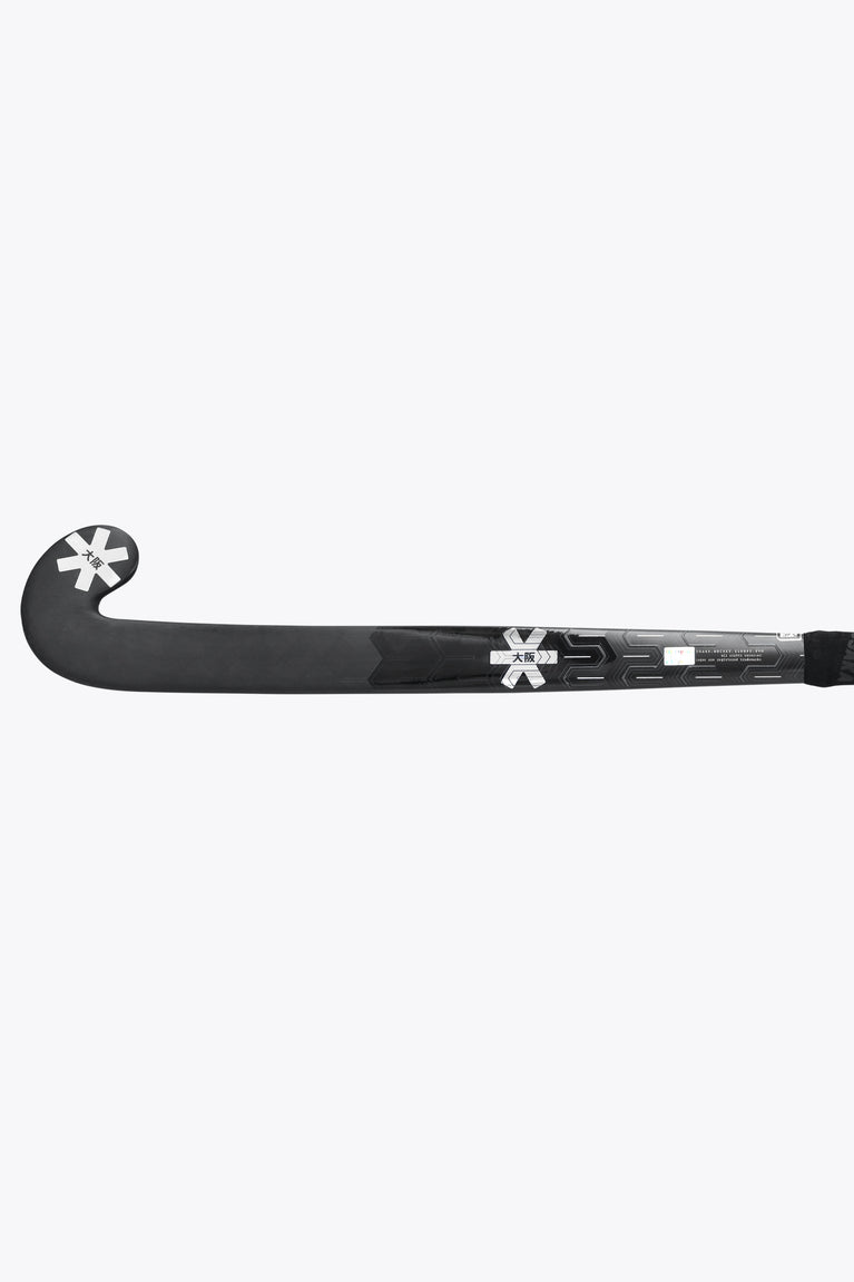 Field hockey stick side view, black stick with star logo on blade and silver markings