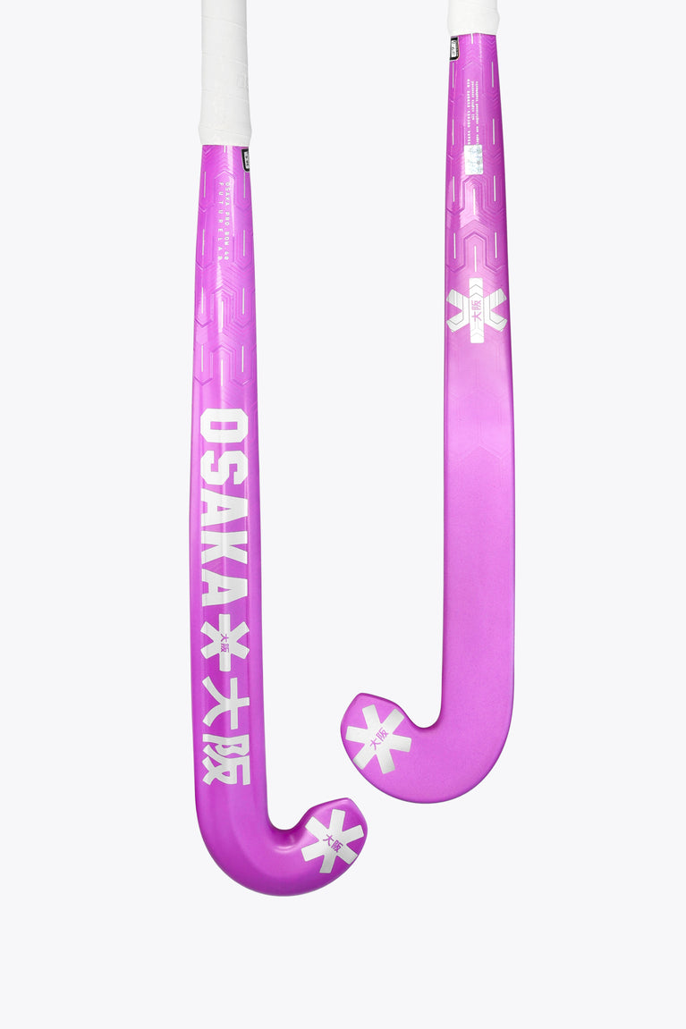 Purple low-bow field hockey stick showing curved blade and printed shaft